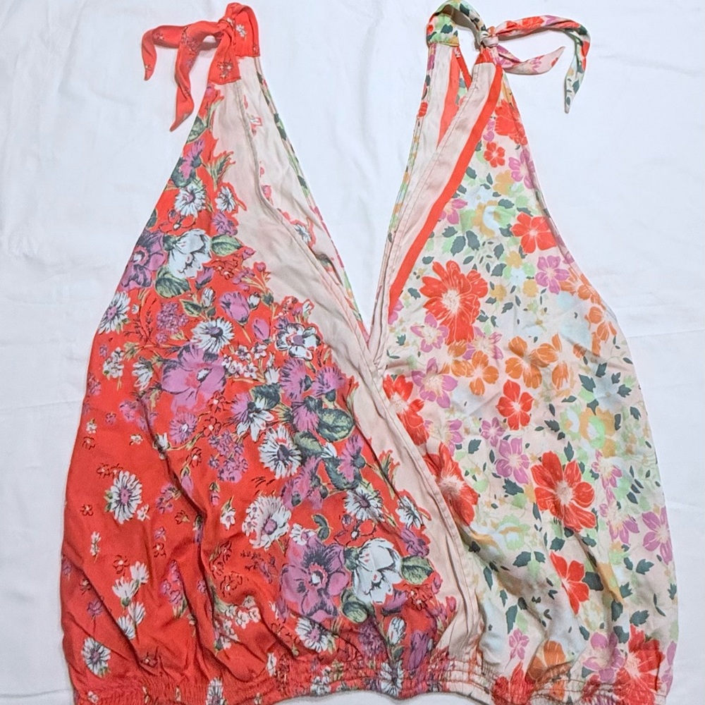 Free People Floral Halter Top in Red and Cream